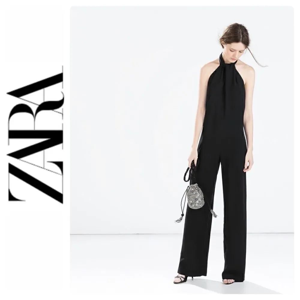 NWT Zara Black Long Crepe Halter Jumpsuit with Back Bow, Size Medium